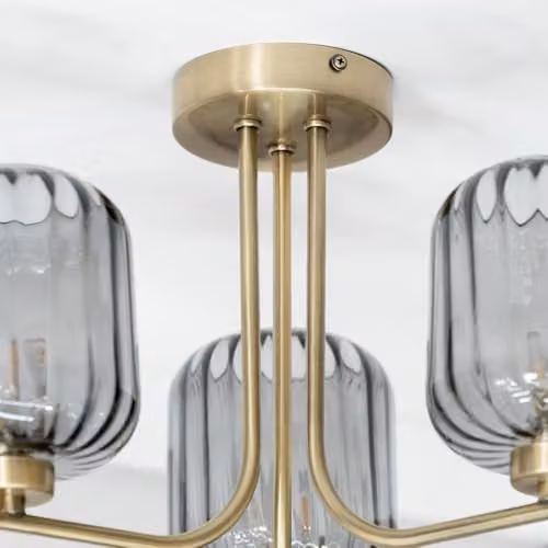 ValueLights Gold 3 Way Ceiling Light Fitting with Smoked Grey Ribbed Glass Shades – 2