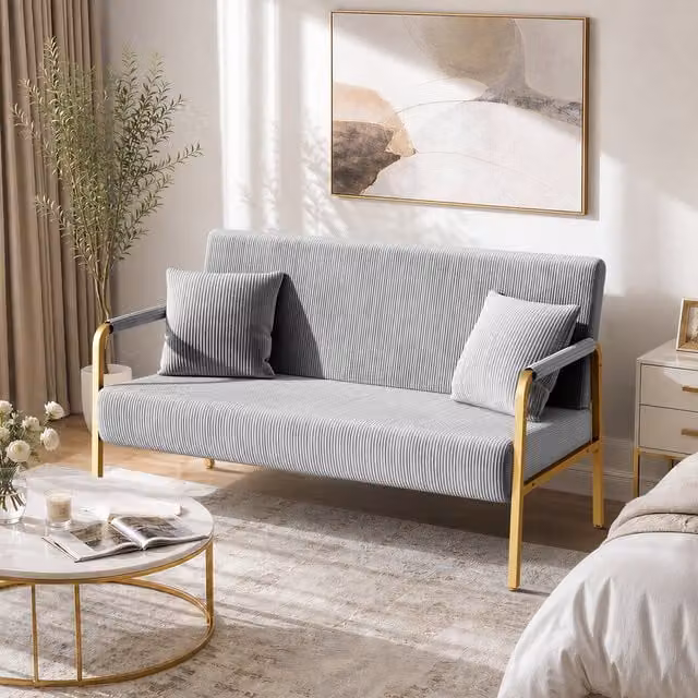 Yaheetech 2-Seater Corduroy Upholstered Sofa with Gold Metal and Wood Frame, Light Grey