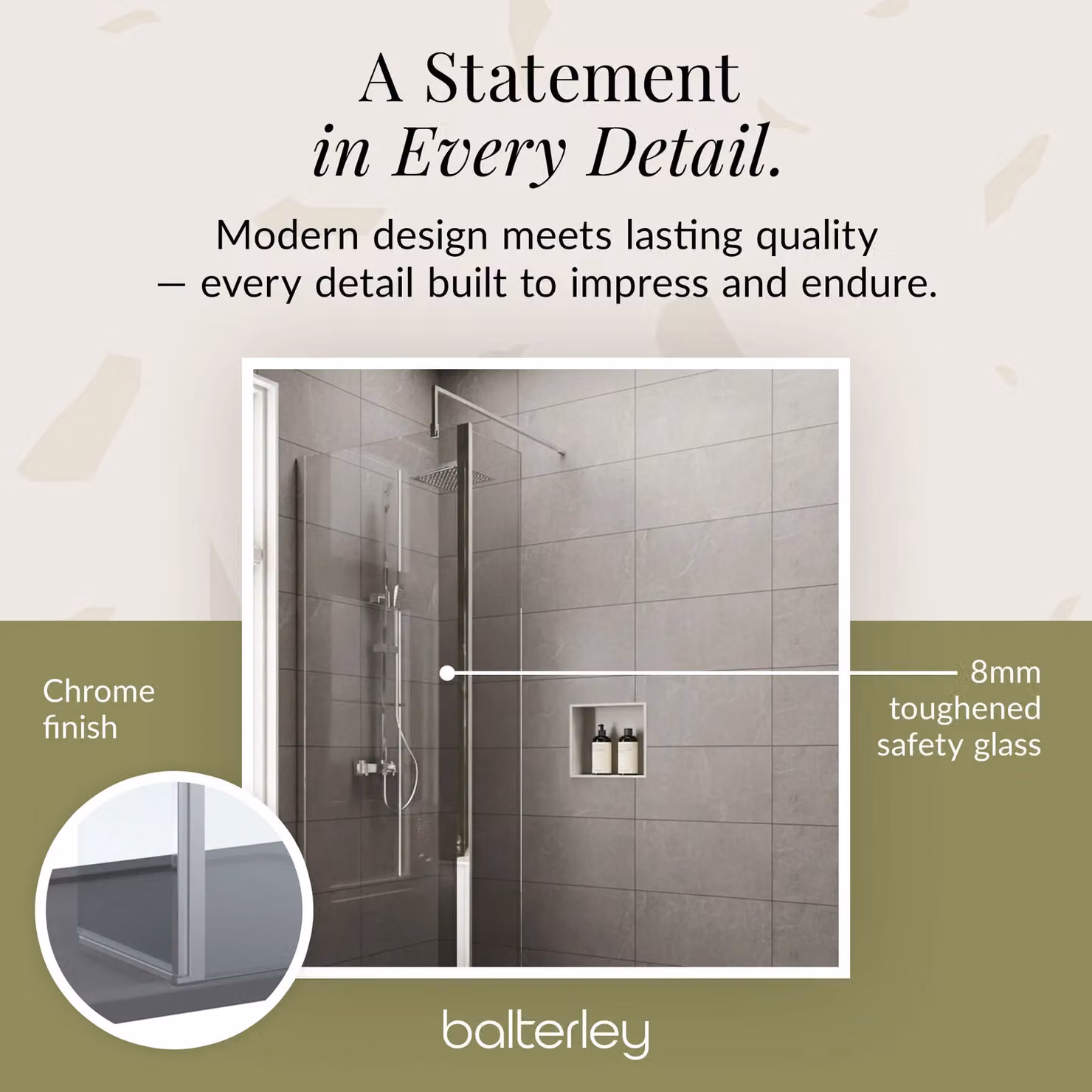 Balterley 8mm Glass Walk-In Wetroom Screen and Return with Grey and Silver Tray, W: 1200 mm, D: 700 mm – 3