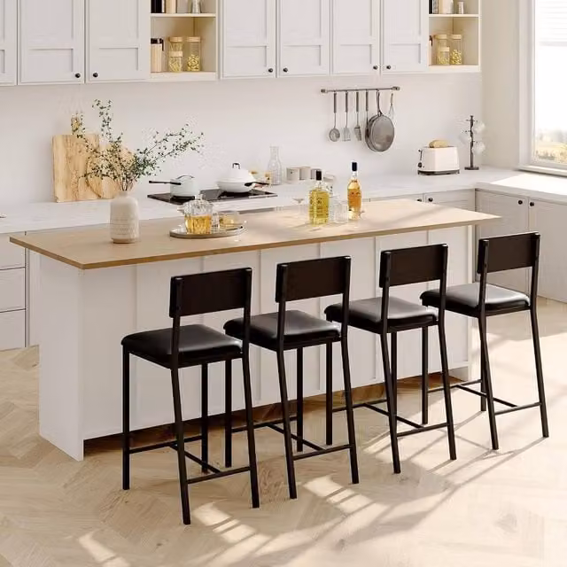 London Boutique Set of 4 Black Synthetic Leather Upholstered Bar Stools with Footrest and Backrest