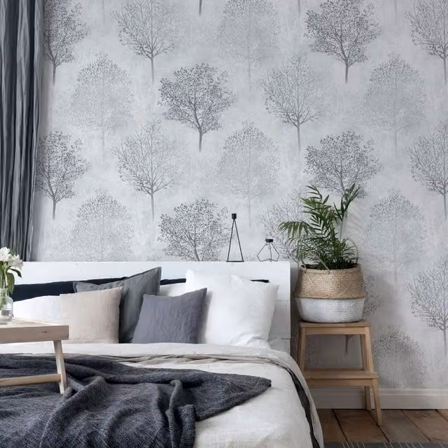 Arthouse Wonderland Textured Botanical Wallpaper in Monochrome Black White and Grey