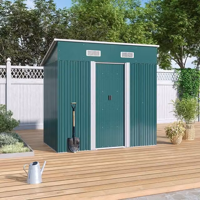 Lifeideas Metal Pent Roof Garden Shed in Dark Green with Sliding Doors and Side Vent