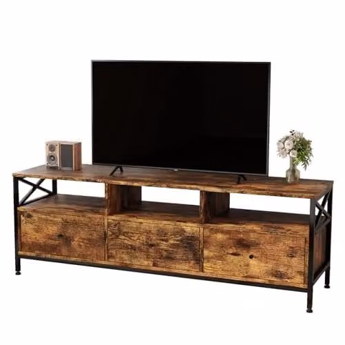 Levede Industrial 65 Inch TV Stand with 3 Drawers and 3 Open Shelves in Rustic Brown and Black
