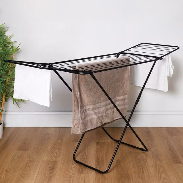 Living Solutions Foldable Wire Clothes Airer with Wing Arms, 18m, Black