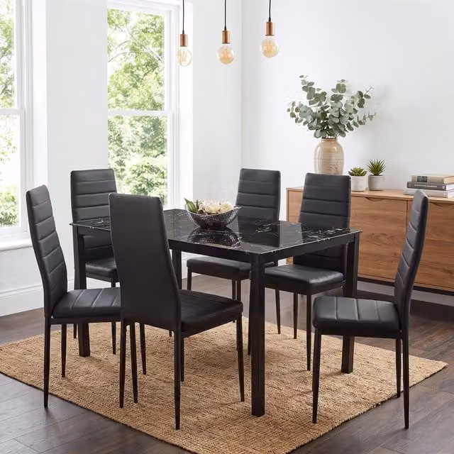 KOSY KOALA Modern Black Marble Effect Glass Dining Table and 6 Brown Leather Chairs Set – 2