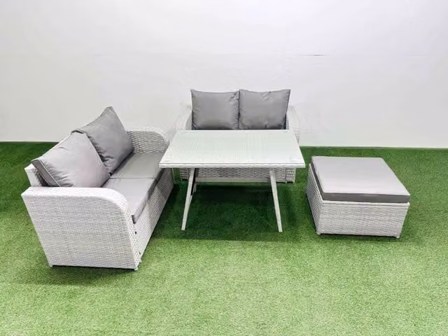 Fimous 5 Seat Rattan Garden Furniture Set with Ottoman and Coffee Table in Light Grey