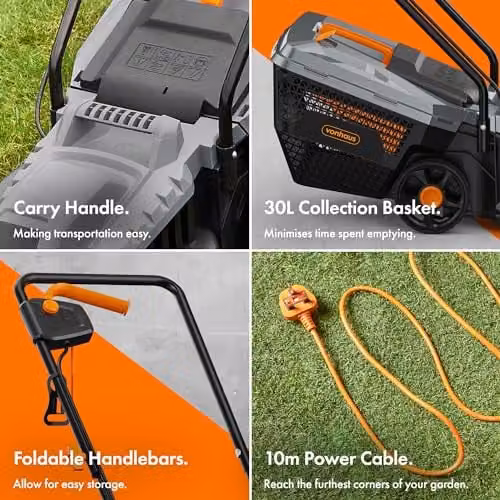 VonHaus 1200W Electric Corded Lawn Mower with 30L Collection Bag and 320mm Working Width in Grey, Black and Orange – 3
