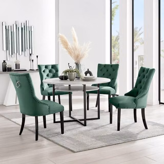 Furniturebox Adley Round Grey Concrete Effect Dining Table and 4 Green Velvet Belgravia Chairs with Black Metal X-Frame Legs