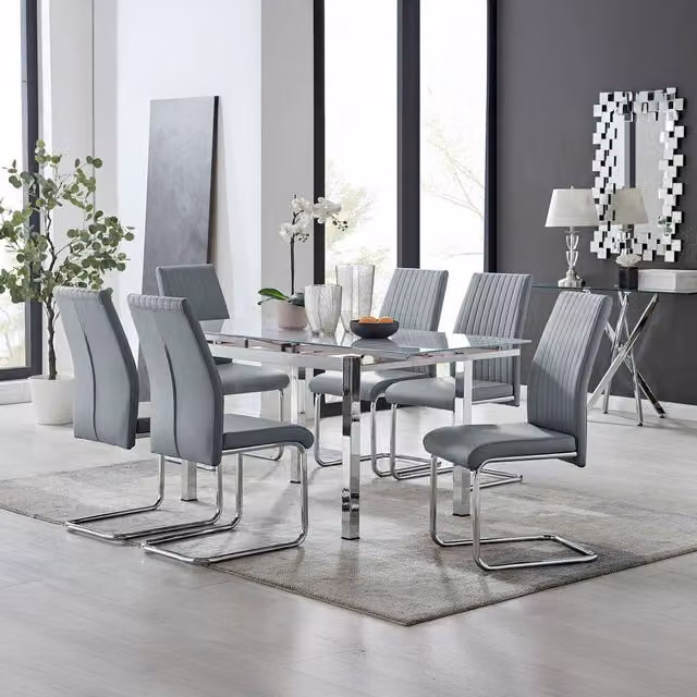 Furniturebox Enna White Glossy Glass Extending Rectangular Dining Table and 4 Grey Lorenzo Faux Leather Chairs