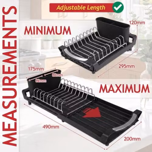 Spares2go Expandable Stainless Steel Dish Drainer with Cutlery Holder, Black – 2