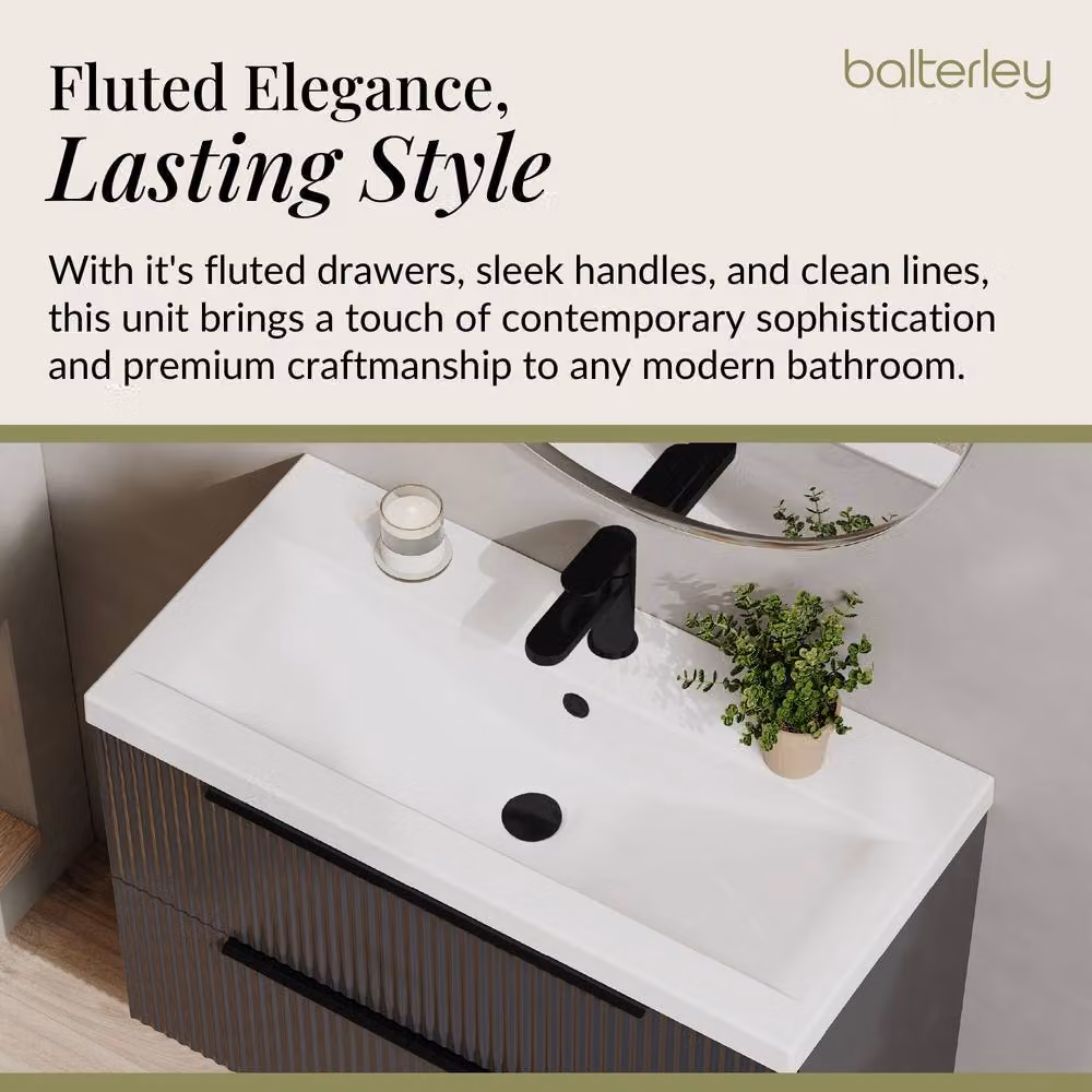 Balterley Fluted Front Wall Hung 2 Drawer Vanity Basin Unit, Dark Grey, W: 80 cm – 3