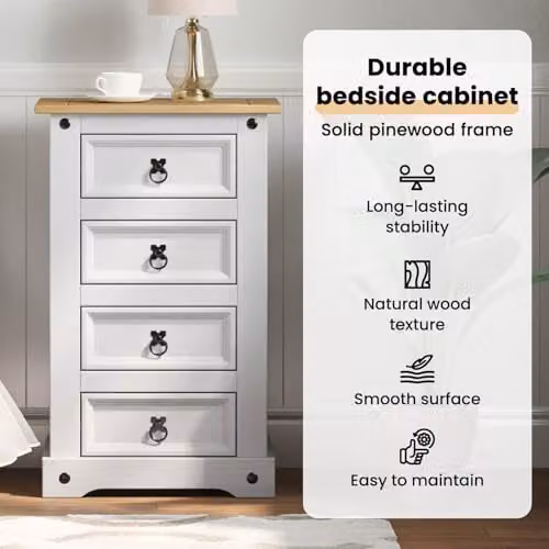 vidaXL Corona Bedside Table in White Solid Pine Wood, W/D/H: 53 x 39 x 84 cm – 3