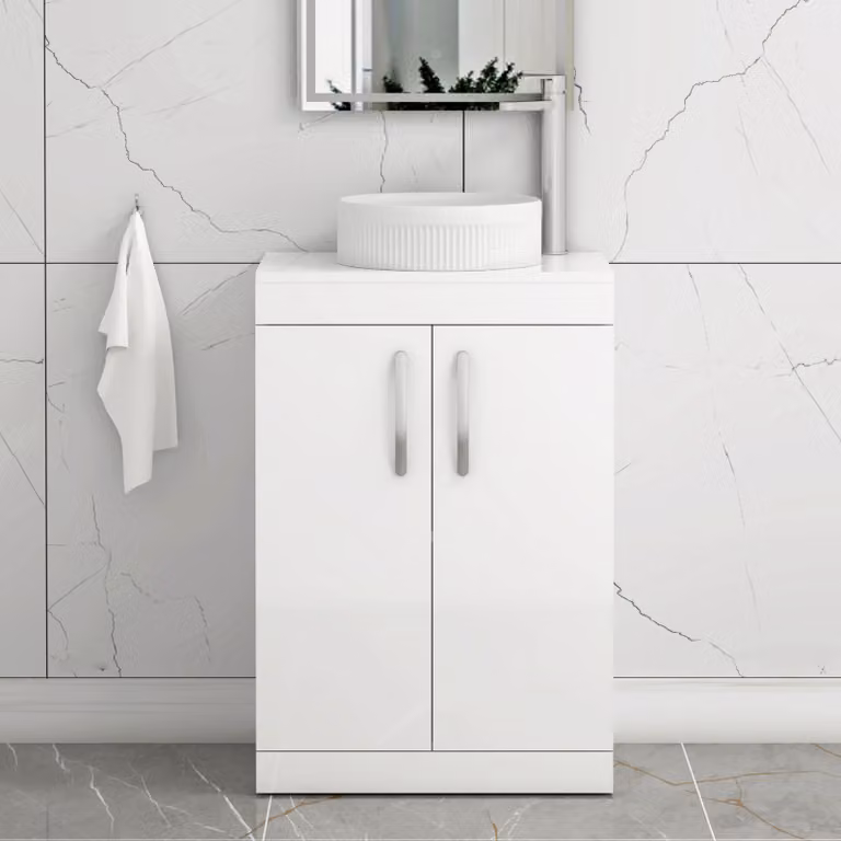 Royal Bathrooms Turin 500mm Floor Standing 2 Door Gloss White Vanity Unit with Round Countertop Basin