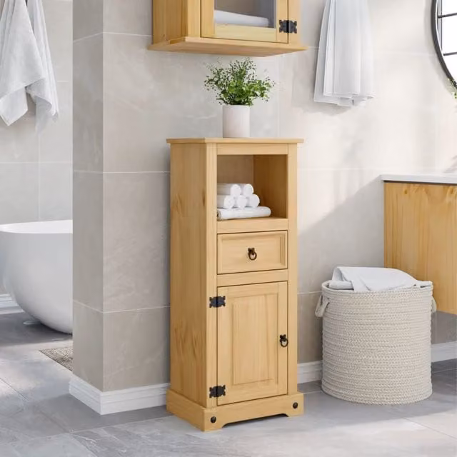 Berkfield Home Corona Brown Solid Wood Pine Wall Mounted Bathroom Cabinet with Doors and Drawers, W/D/H: 45 x 33 x 110 cm