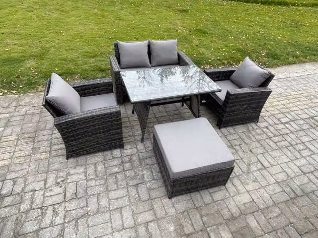 Fimous Dark Grey Mixed High Back Rattan Garden Furniture Set with Dining Table and Large Footstool