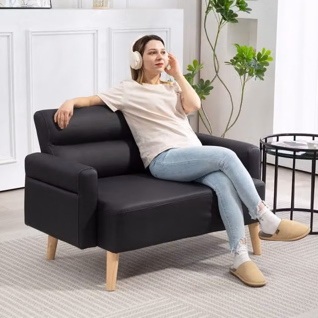 HOMCOM Modern 2 Seater Sofa Settee in Black Synthetic Leather with Wood Legs – 1