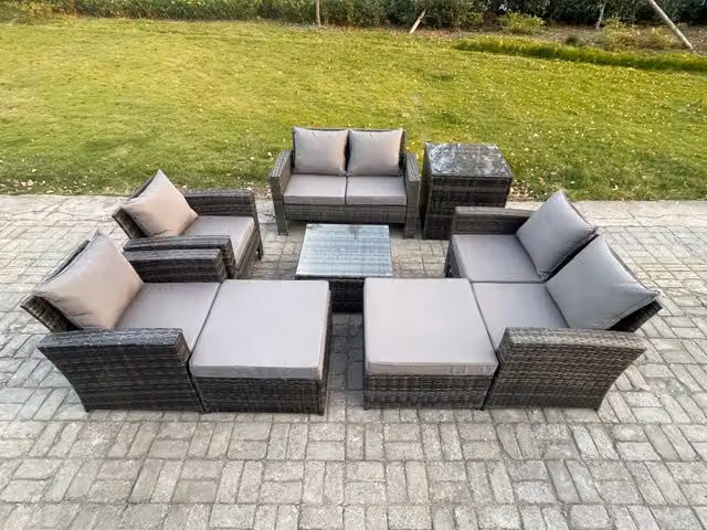 Fimous 8 Piece Grey Rattan Garden Furniture Set with U-Shape Sofa, Coffee Table and Ottomans