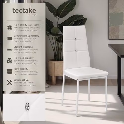 tectake Set of 8 Julien Dining Chairs in White Faux Leather with Metal Legs – 3