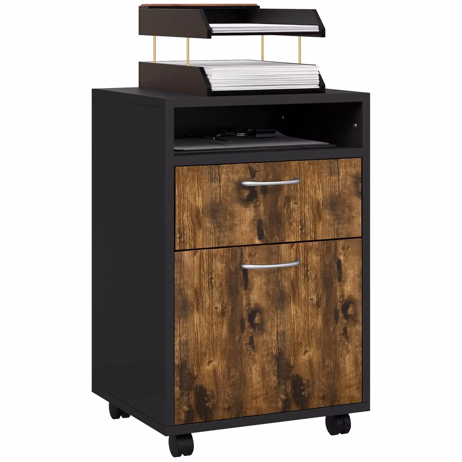 HOMCOM Rustic Brown Filing Cabinet with Drawers and Open Shelf – 2