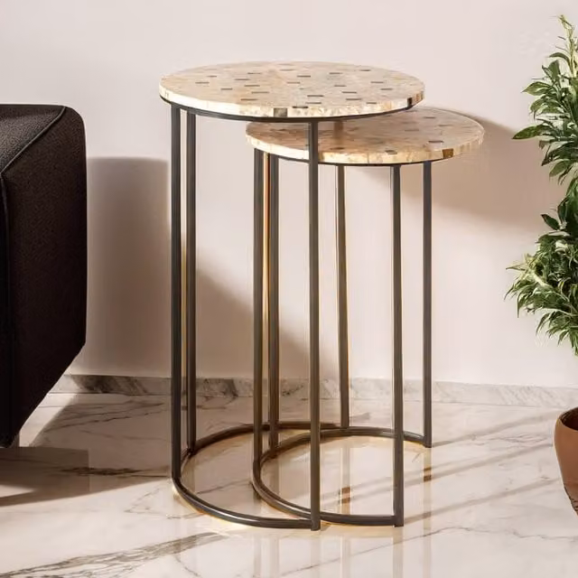Orsina Set of 2 Round Mother of Pearl Nesting Side Tables with Black Metal Legs in Brown – 1