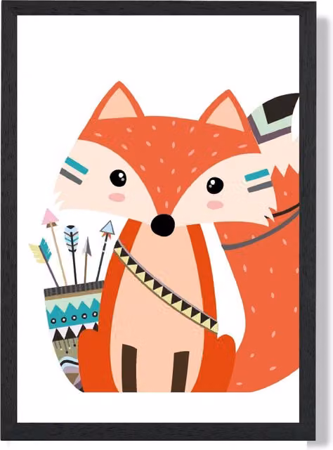 ARTZE Sitting Red Fox Tribal Animal Framed Print in Black, A3 Size – 1