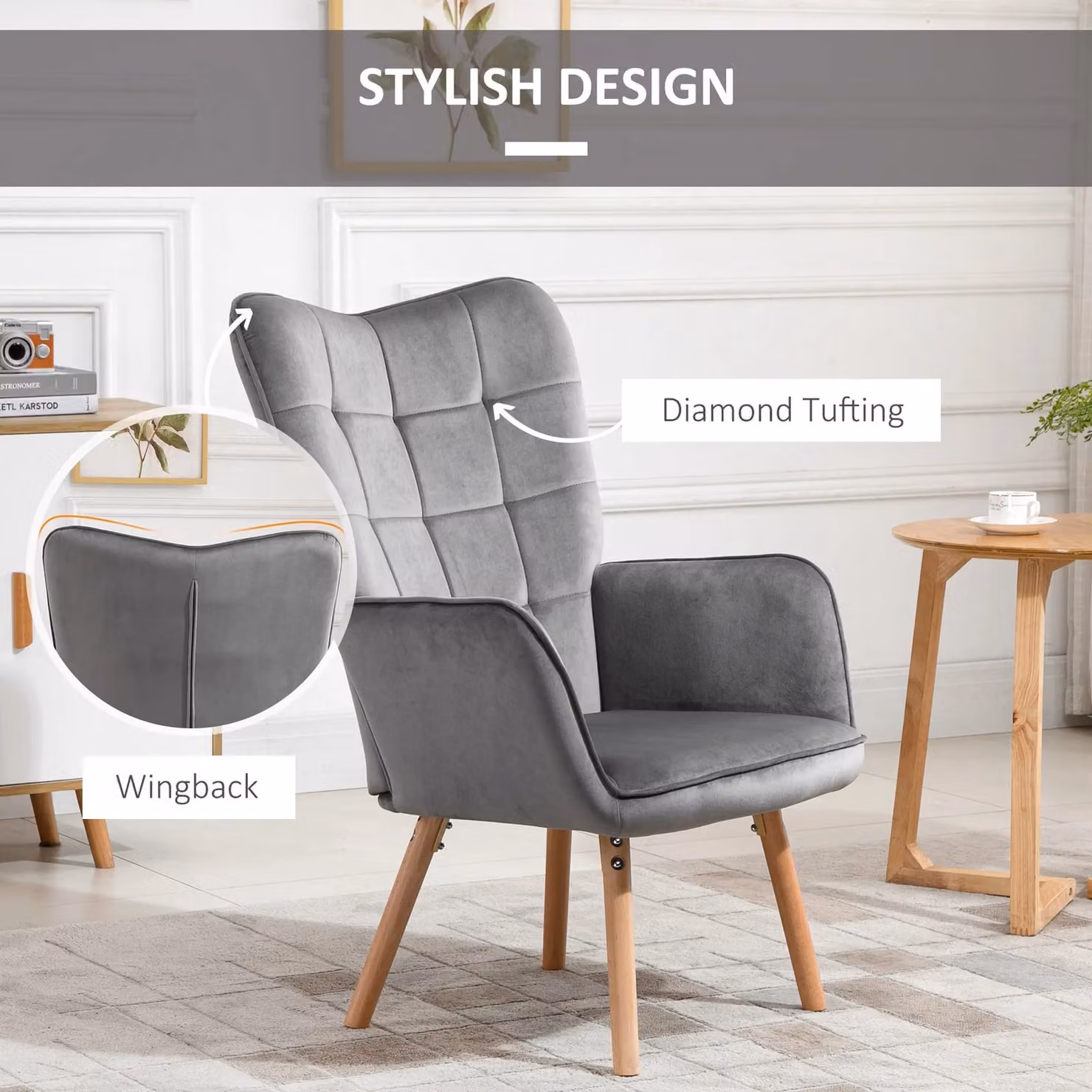 HOMCOM Set of 2 Modern Velvet Tufted Wingback Armchairs in Grey with Wood Legs, W/D/H: 71.0 x 76.0 x 101.0 cm – 4