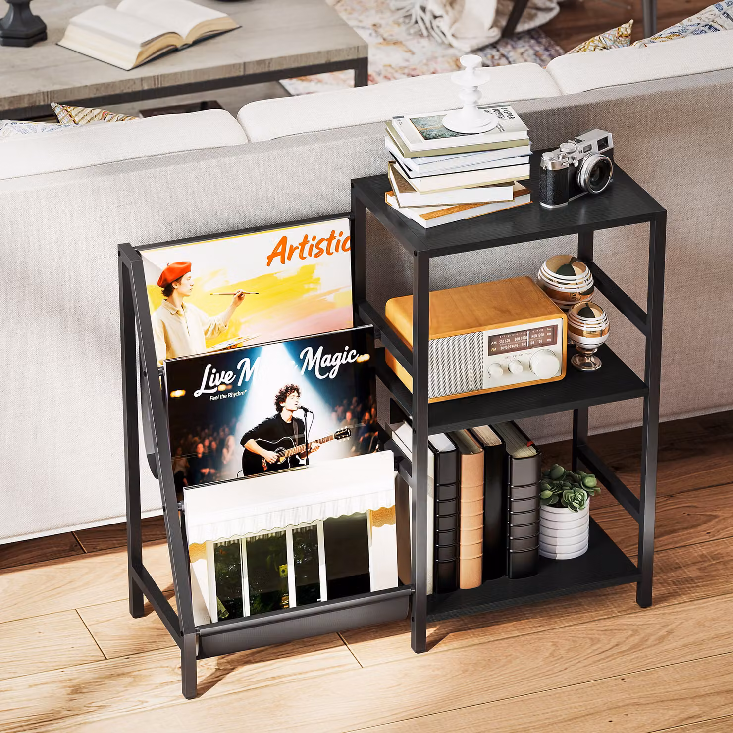 HOMCOM 3-Tier Record Player Stand and End Table in Black Wood Effect – 7