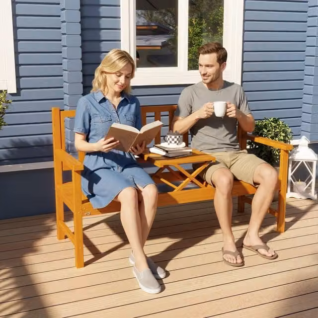 Outsunny Rustic Brown Wood Garden Bench with Liftable Middle Table, 153 cm