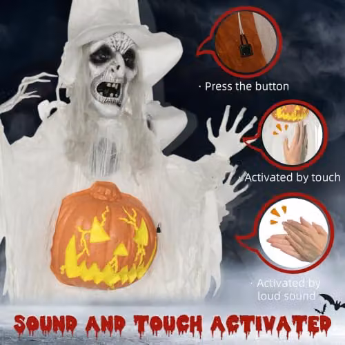HOMCOM Hanging White Witch Halloween Prop with Sound and Motion Activation, Height: 182.88 cm – 6
