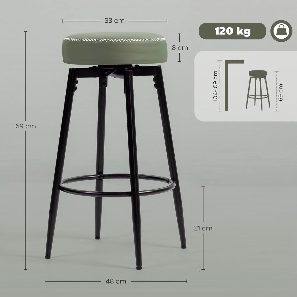ERGOVEXA Set of Two Modern Green Faux Leather Bar Stools with Metal Frames, W: 48 cm, H: 69 cm – 2