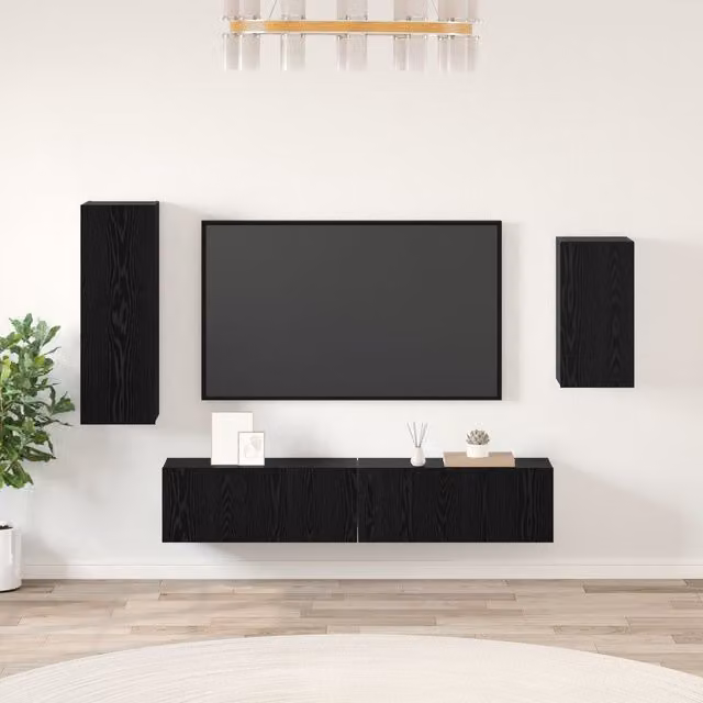 Berkfield Home 4-Piece Wall-Mounted TV Cabinet Set with Storage and Door in Black Oak, W/D/H: 30.5 x 30.5 x 90 cm