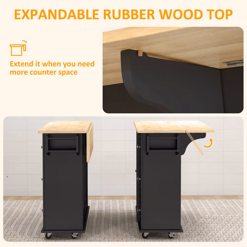 HOMCOM Black Kitchen Island with Drop Leaf and 3 Drawers, Rubberwood Top, W/D/H: 115 x 40 x 91.5 cm – 5