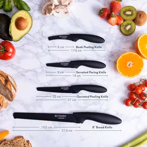 Viners Assure 8 inch Bread Knife with Stainless Steel Serrated Blade and Black Plastic Soft Grip Handle – 4