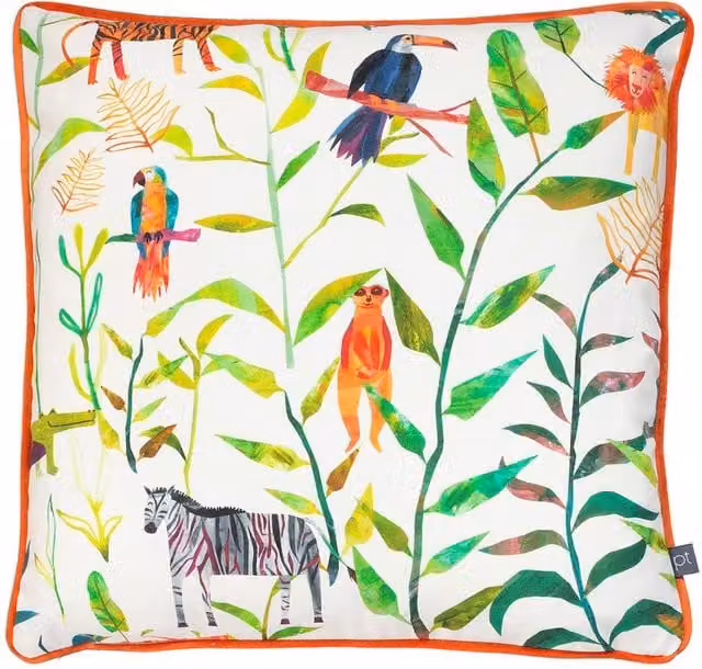 Prestigious Textiles Hide and Seek Exotic Jungle Kids Cushion in Orange and Green, W/D/H: 43 x 43 x 43 cm