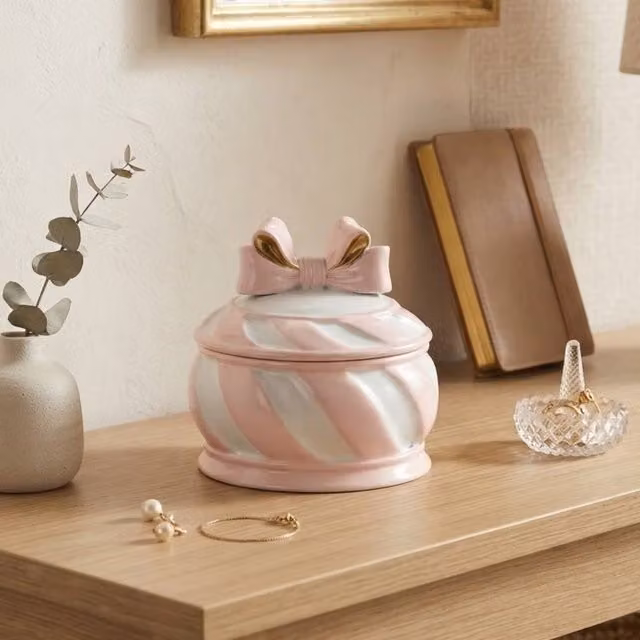 Garden Greatness Resin Bow Candy Cane Trinket Box in Multicolour Pink and White Striped Design