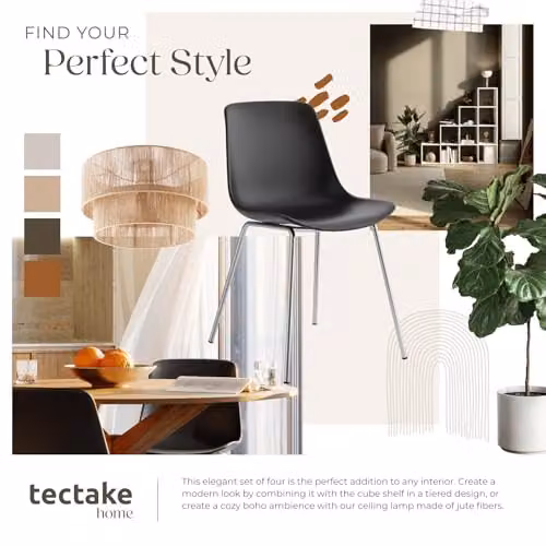 tectake Set of 4 Classic Dining Chairs with Ergonomic Plastic Seats and Chrome-Plated Steel Legs in Black – 5