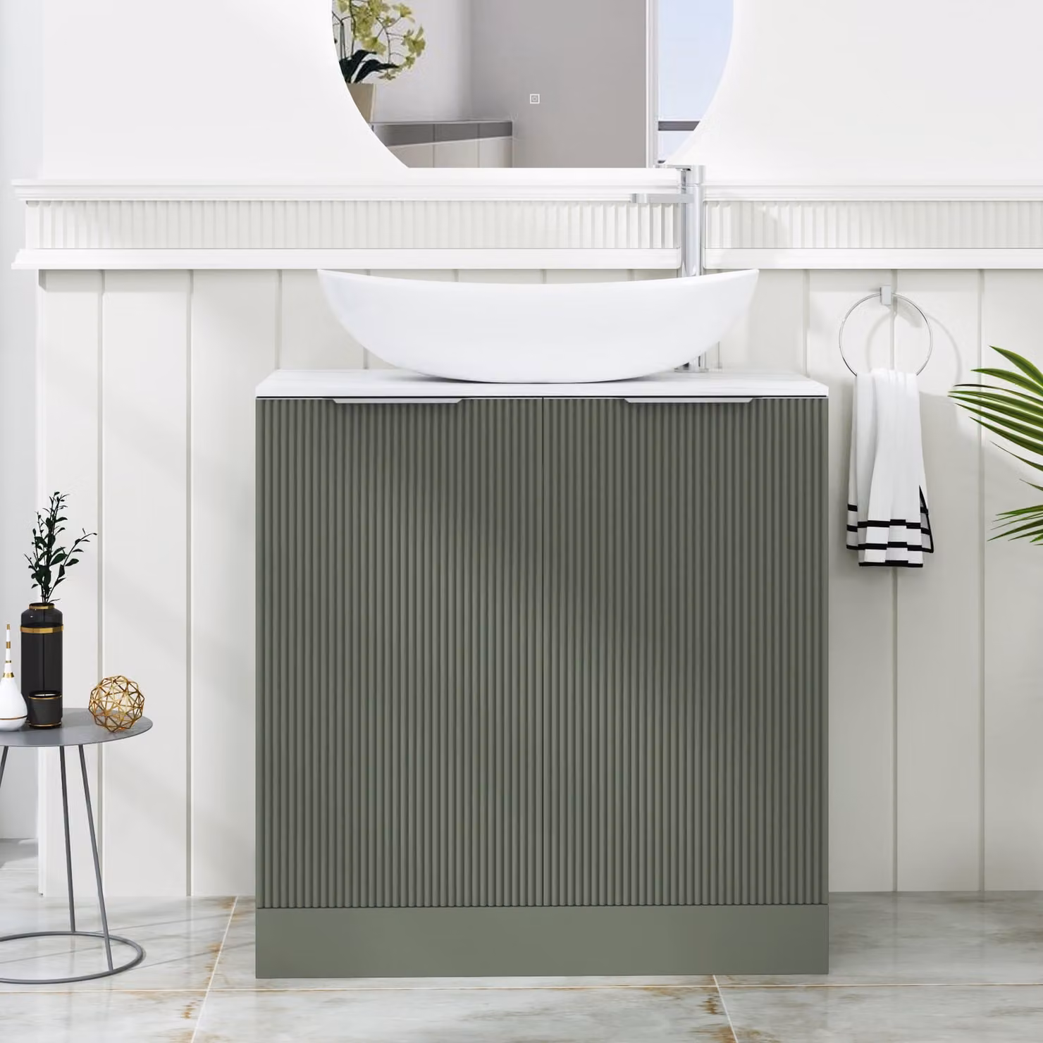 Royal Bathrooms Evora Sage Green Fluted Floor Standing 2 Door Vanity Unit with Cesar Basin, Width: 80 cm