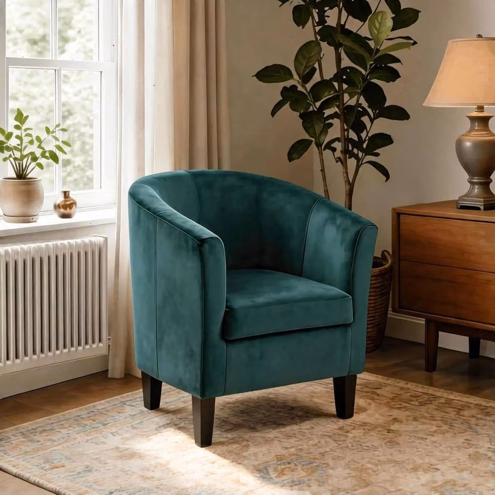 NESTLUNE Dark Green Velvet Tub Chair with Black Legs – 3