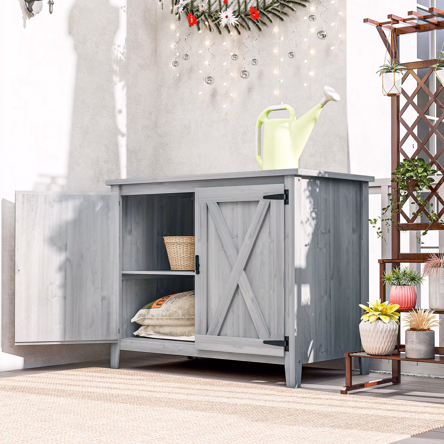 Outsunny Grey Wooden Garden Storage Shed with Shelving and Double Doors, W/D/H: 110.0 x 58.0 x 88.5 cm – 2