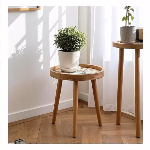 Hartsmede Mango Wood Round Side Table in Beige with Floral Design and Detachable Legs – 4