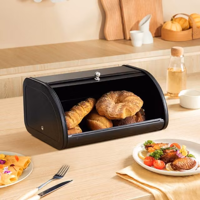 Livingandhome Metal Roll Top Bread Container in Black