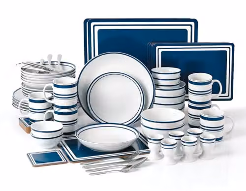 Waterside 80-Piece Blue and White Bistro Porcelain Tableware Set with Cutlery and Placemats