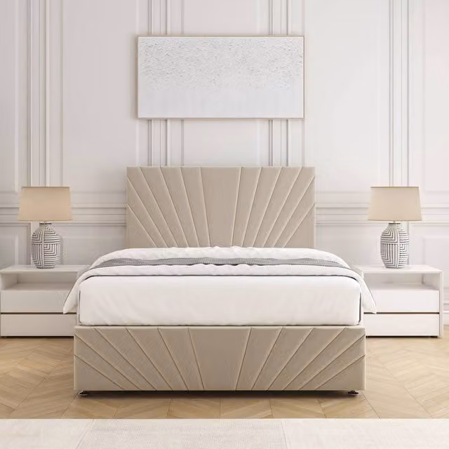 BSSPOKE Rose Divan Bed with 24 inch Plush Headboard, Footboard and Mattress in Beige, Super King, W/D/H: 200 x 200 cm