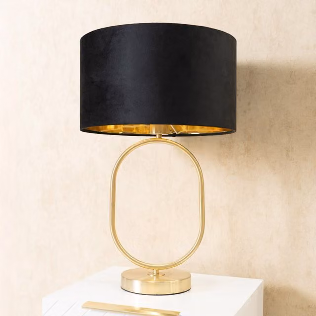 Antonia Brushed Gold Oval Table Lamp with Black Velvet and Metallic Shade