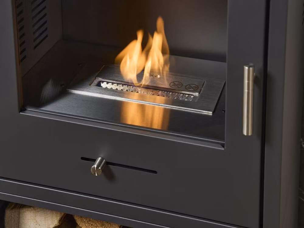 OKO Bio Ethanol Fire Set with Black Marble Effect Tile Hearth, S3 Stove Store and Extra Tall Stainless Steel Pipe in Black and Grey – 4