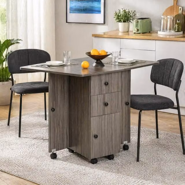 STILVORA Modern Grey Drop Leaf Rectangular Dining Table with Castors W/D/H: 120 x 76.5 x 6.0 cm – 1