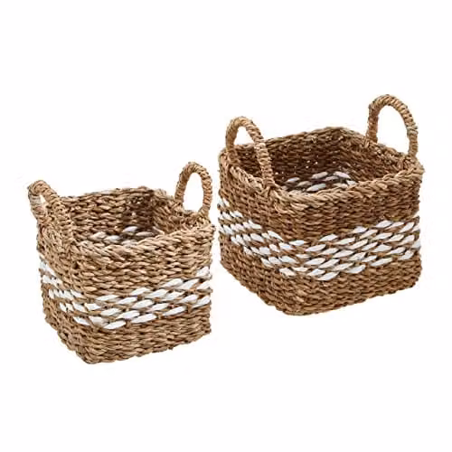 Premier Houseware Set of Two Square Seagrass Baskets in White and Beige, W: 20 cm, D: 20 cm, H: 18 cm – 1