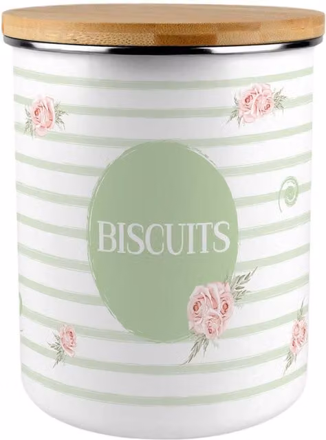 Purely Home Floral Roses and Stripes Extra Large Metal Biscuit Tin in Green, White and Pink