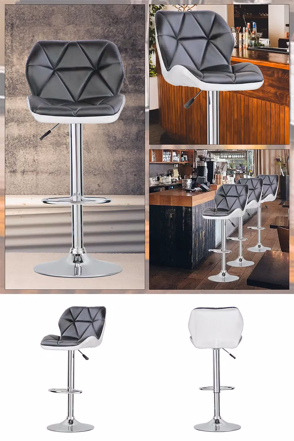 Neel Blue Modern Black PU Leather Swivel Barstool with Height Adjustable Metal Base – 2