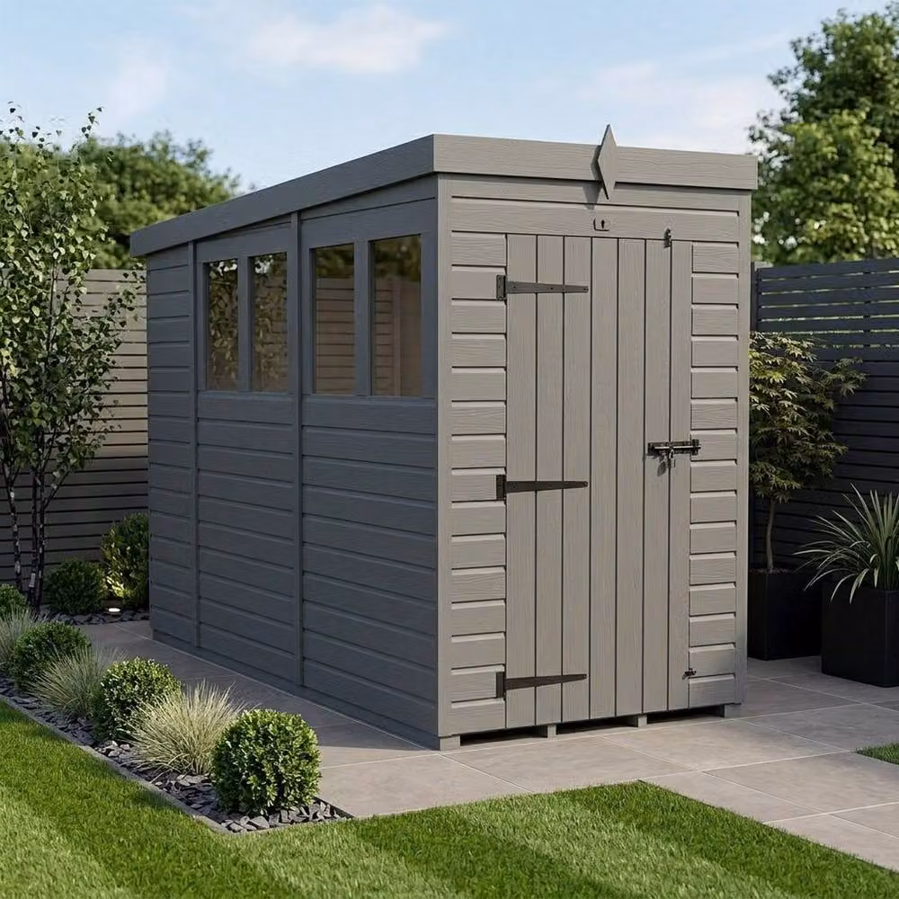 Buttercup Farm Grey Composite Pent Garden Shed with Single Door and Windows, W/D/H: 305 x 122 x 210 cm – 1